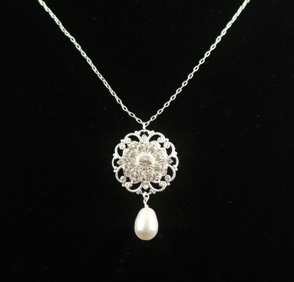 Bridal Necklace Vintage Wedding Jewelry Pearl Silver Filigree 