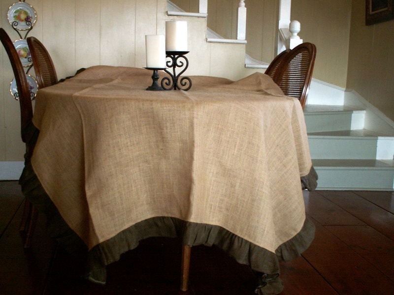 Large Natural Burlap Table Cloth with Brown Ruffle 108x66