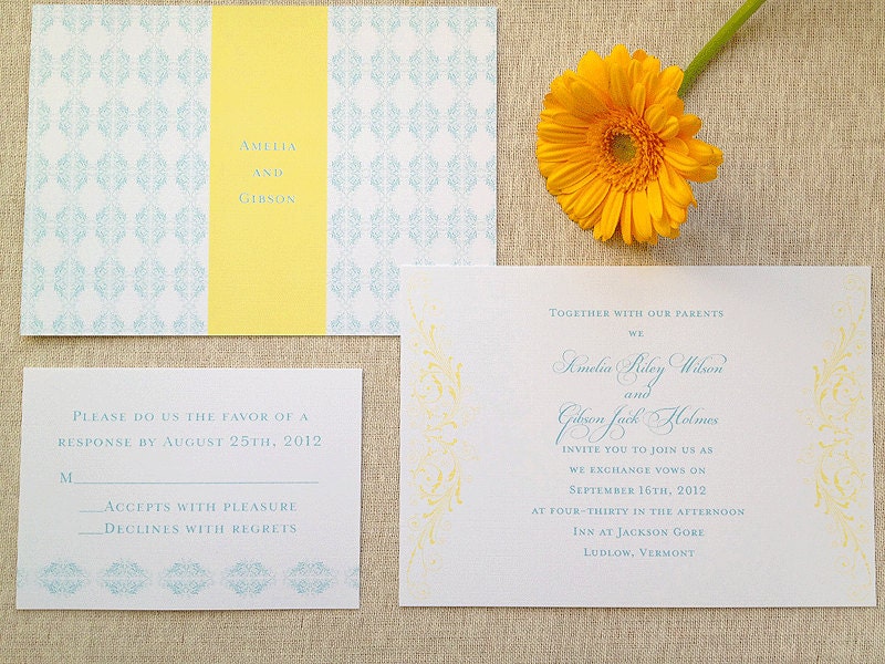 Fanciful Scroll Vintage Wedding Invitation Turquoise and Yellow Choose 