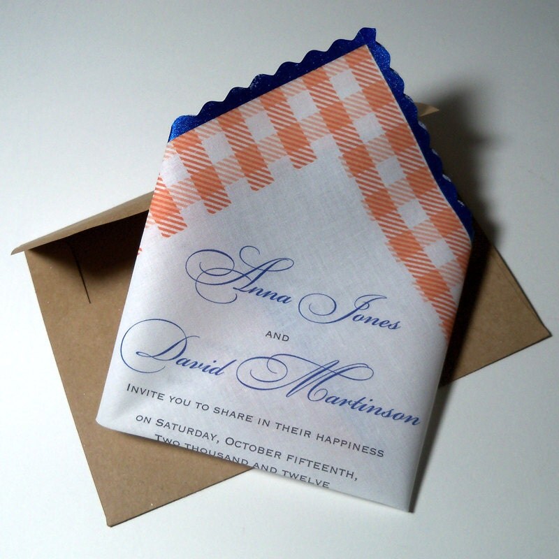 Handkerchief wedding invitation sample gingham border design