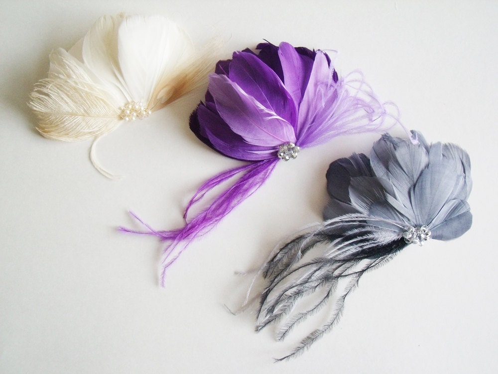  3 Piece Feather Headpiece Bridal Feather Comb Ivory Purple Gray