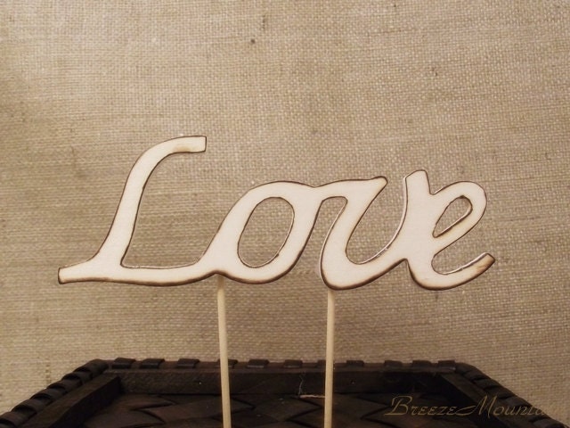 Wood script LOVE Wedding Cake Toppers Rustic Chic Wedding Hearts 