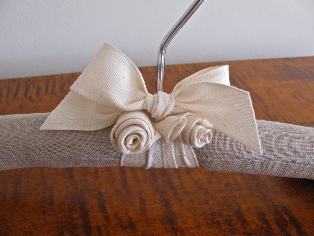 Grey Linen Wedding Dress Hanger Organic Ribbon Accent Handmade Rosettes 