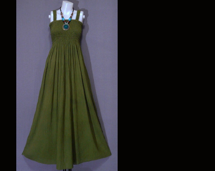 Hippie Bohemian Olive Green Dress Cotton Halter Maxi Women's Dress BH012