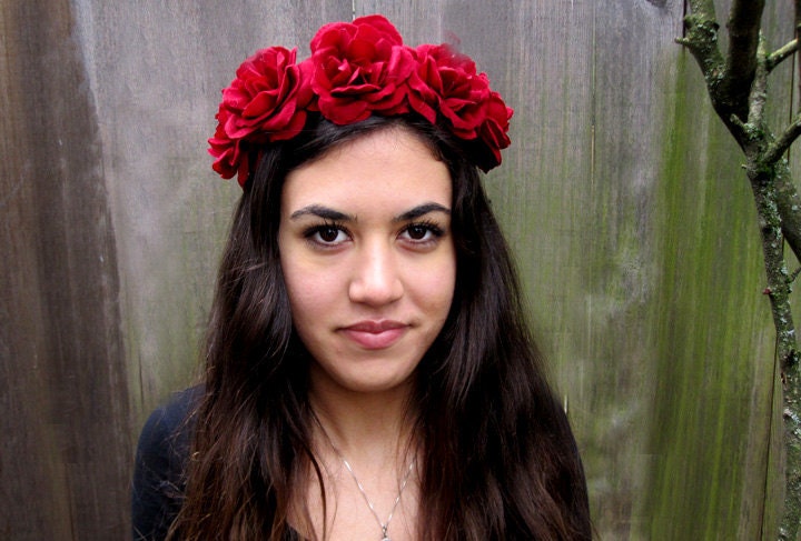 Red Rose Crown Deep Red Velvet Rose Hair Wreath Frida Kahlo 
