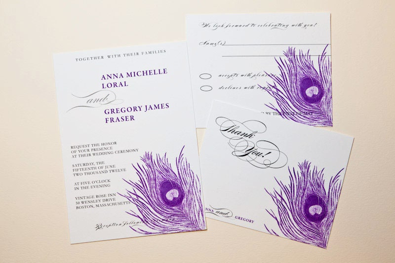 Printable Wedding Invitation Purple Peacock Feather Invitation