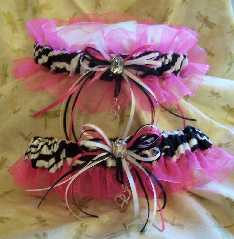 Zebra stripe wedding garter set with hot pink