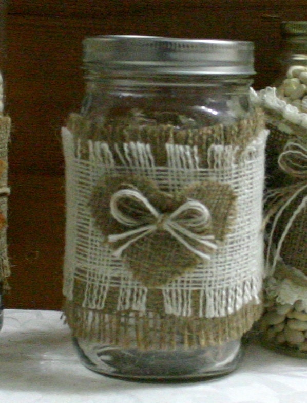 Burlap wedding centerpiece Candle and flower vase covers Country chic 