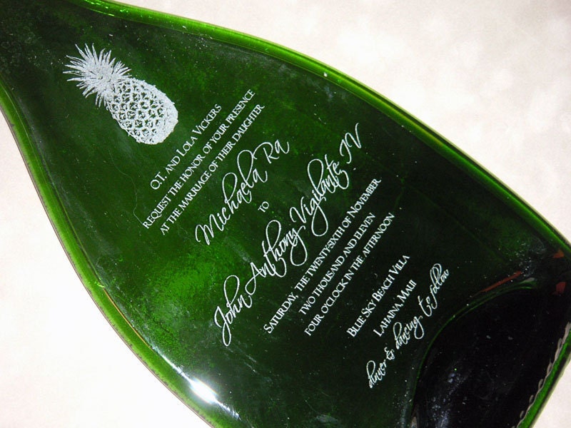 Wedding Invitation Engraved on Flattened Champagne Bottle Tray 