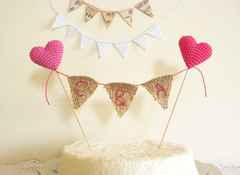 Personalized Wedding cake Topper with Burlap Bunting and Crocheted Hearts by