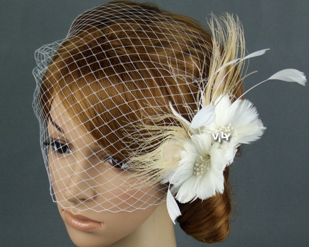Bridal Fascinator and Birdcage Veil Set Peacock Feather Flower Hair Clip