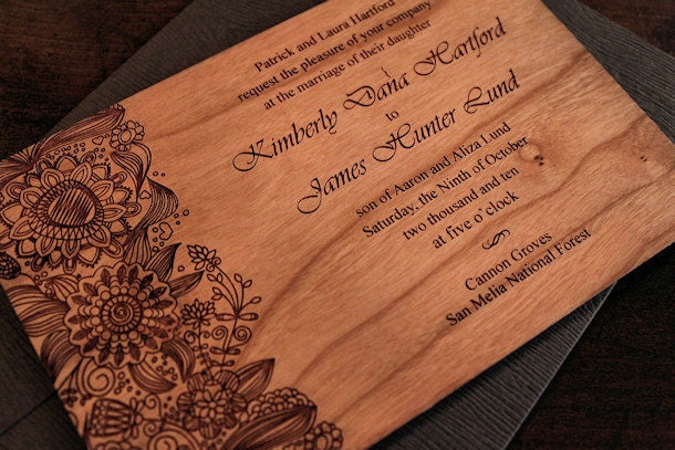 Engraved Wood Wedding Invitations Fleur From nGraveSolutions pocket wood