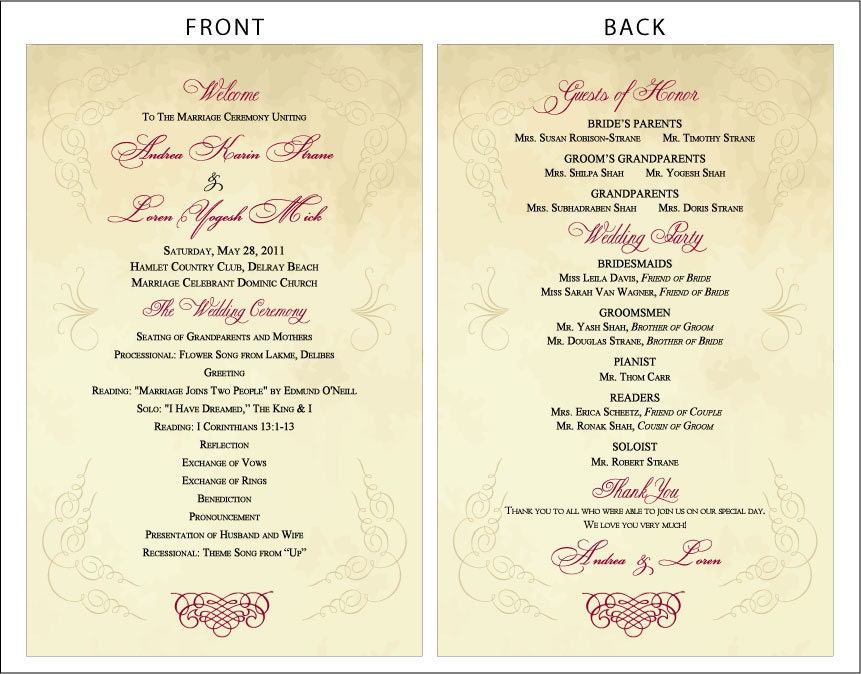 Vintage Scroll Design Classic Wedding Programs diy printable file 