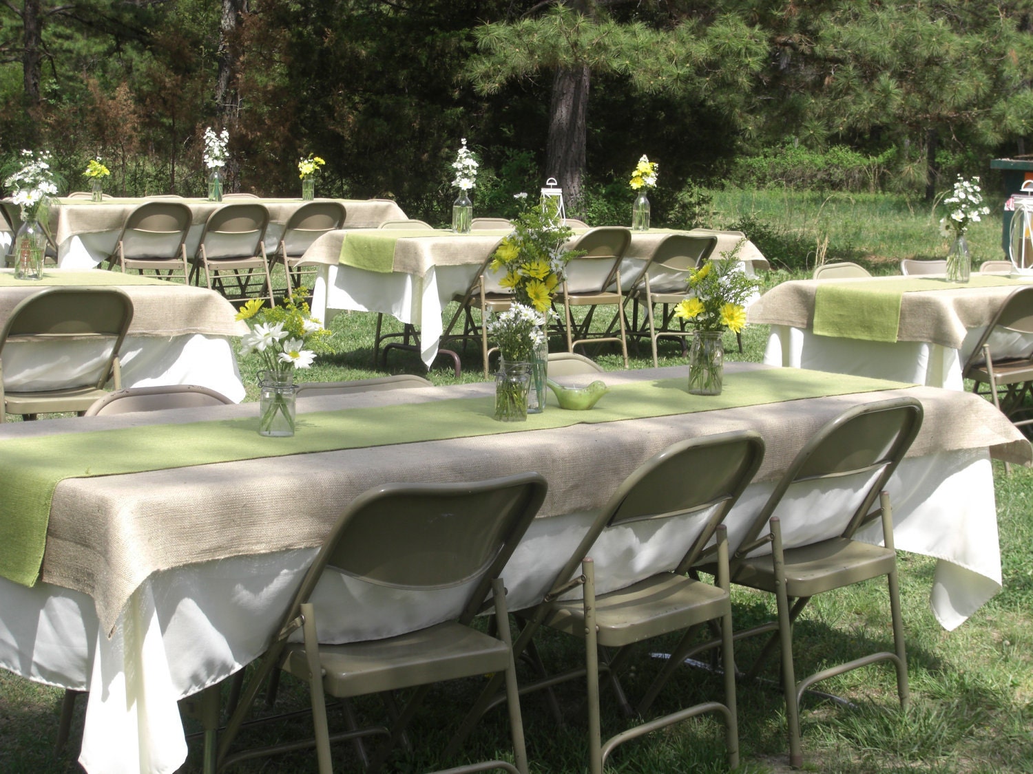 table setting idea. Burlap tablecloth with a lime green table runner