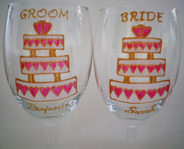 Hand Painted WEDDING CAKE Wine Glasses Bride and Groom Personalised with 