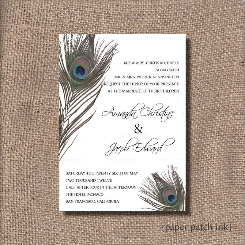 Peacock Feather Wedding Invitation 5x7 Personalized Printable DIY