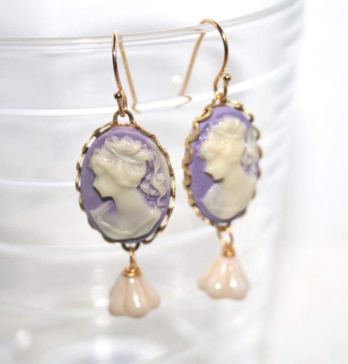 Lilac Lady cameo Earrings Lilac Earrings Vintage Cameo earrings 