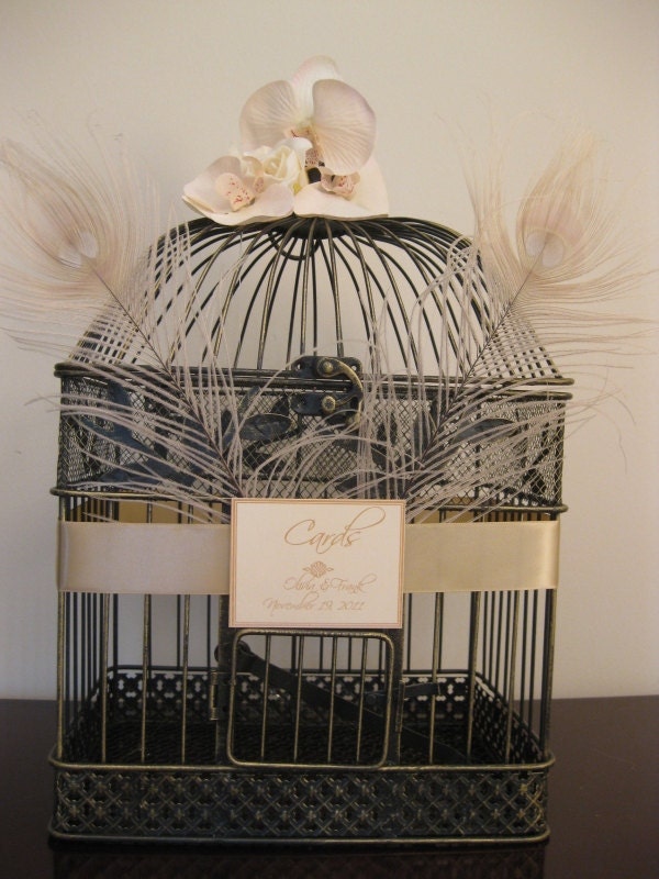 Retro Style Wedding Card Holder Birdcage With Ivory Peacock Feathers 