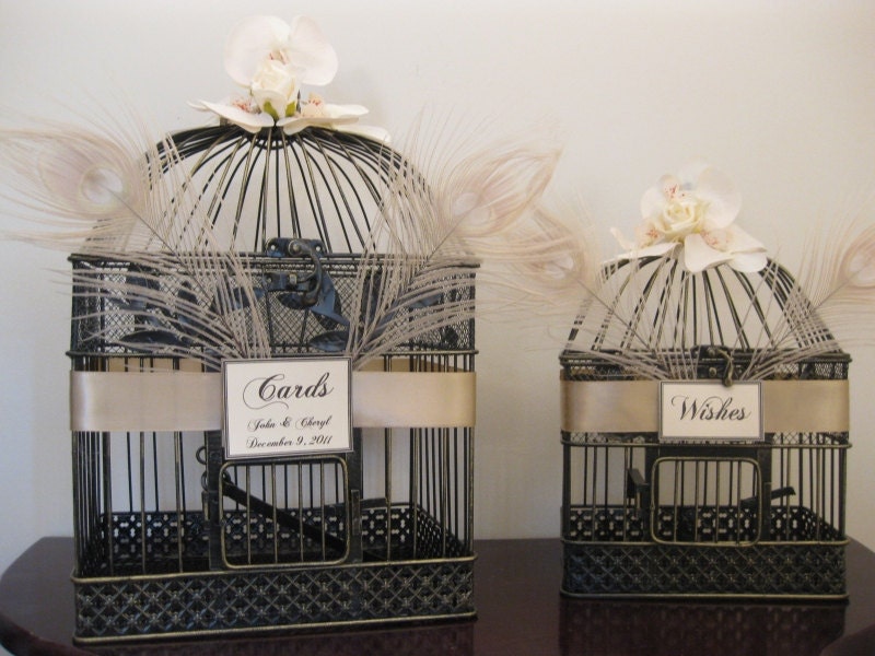 Retro Style Set of Wedding Card Holder Birdcages With Ivory Peacock Feathers