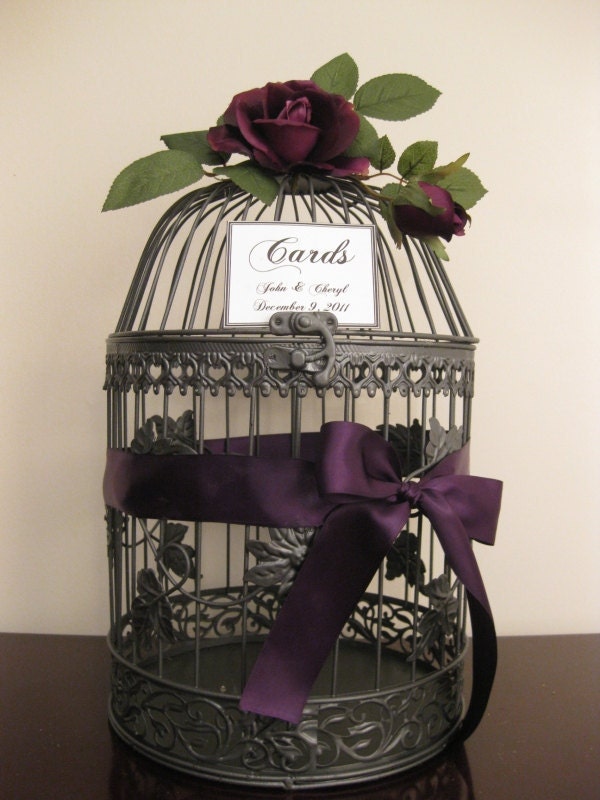 Gray Wedding Card Holder Bird Cage With Purple Roses Wedding Card Holder
