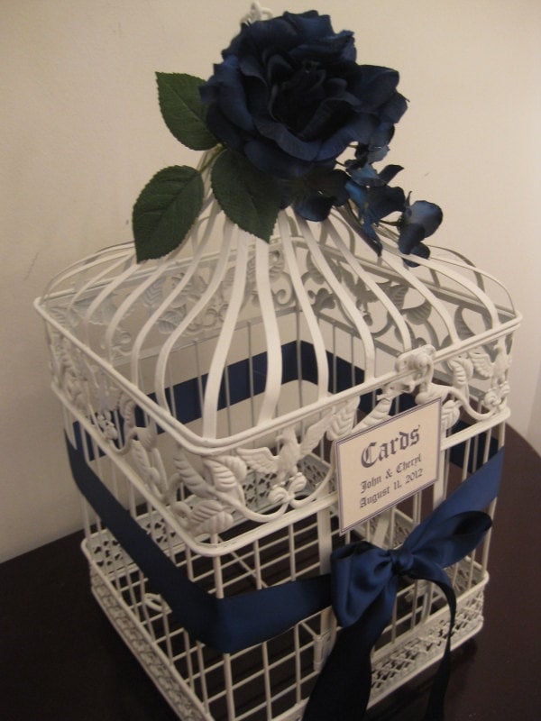 Vintage Style Bird Cage Wedding Card Holder With Navy Blue Rose Card