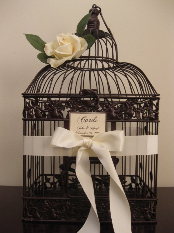 Brown Bird Cage Wedding Card Holder With Ivory Rose Wedding Card Holder 