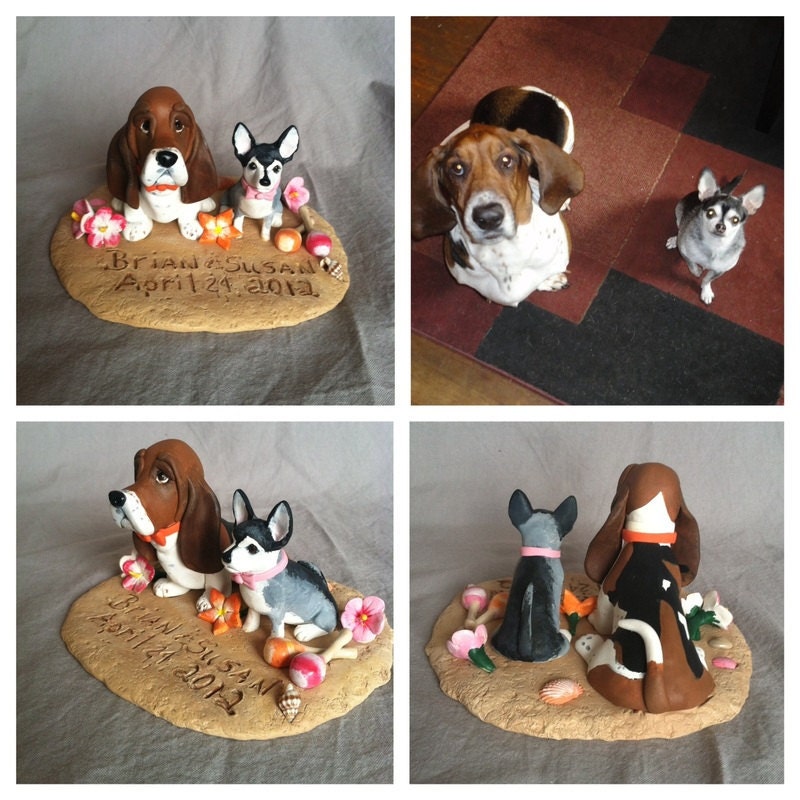 Custom Made two Dog Wedding Cake Topper Clay Sculpture Basset Hound 