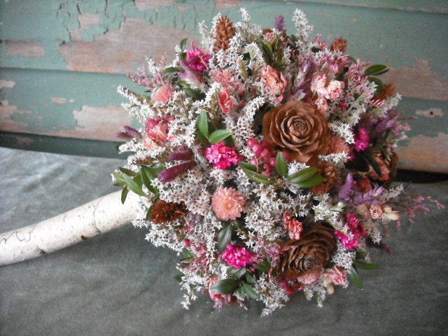 Dried flower Bridal bouquet with Birch handle in pink and brown