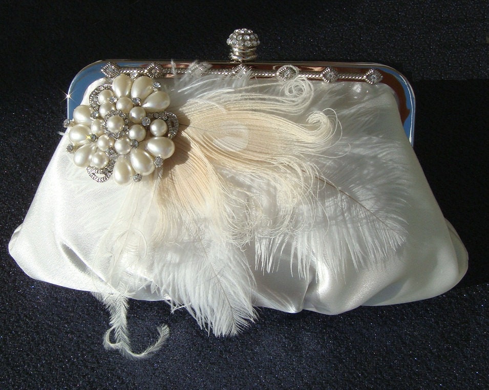 Elegant Ivory Peacock Wedding Clutch bridal rhinestone clutch with ostrich