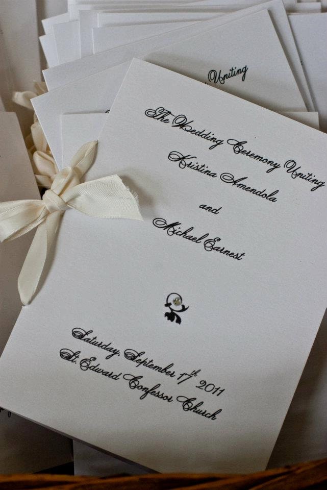 Black and White Custom Wedding Program with matching ribbon and swarovski