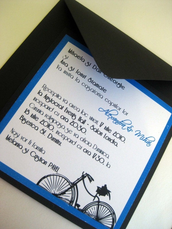 Funny bicycle print black and blue wedding invitation