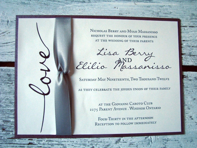 SAMPLE Eggplant Ivory and black Wedding Invitation with silver ribbon 