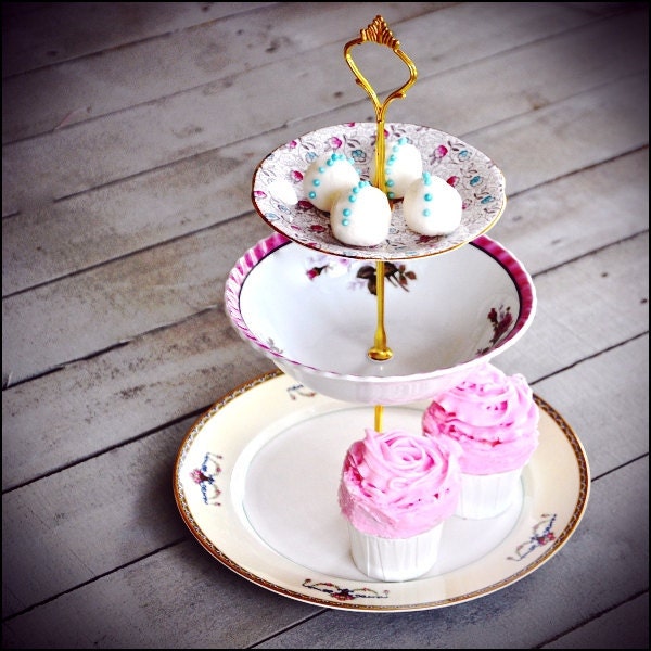  Tiered Serving Stand Pink Vintage China Cake Stand Wedding Centerpiece 