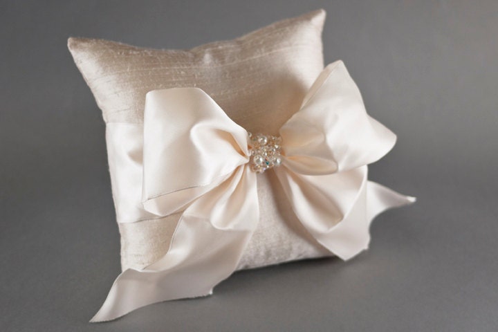 Blush ring bearer pillow raw silk pink bow handmade crystals pearls 