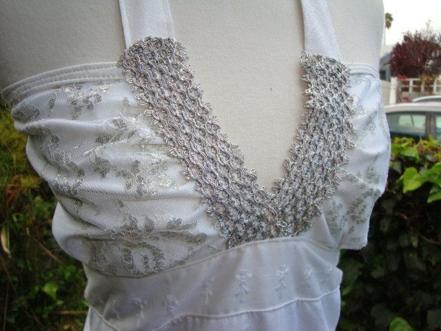 Silver White Wedding Dress Gown Bridal Summer Hippie Sparkle Lace Vintage 