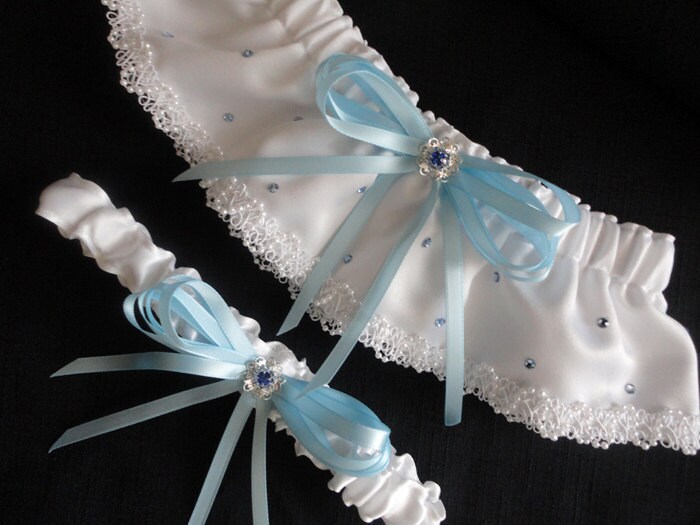 Something Blue Bridal Garter Set 1 to Keep 1 to Toss with Swarovski Flowers
