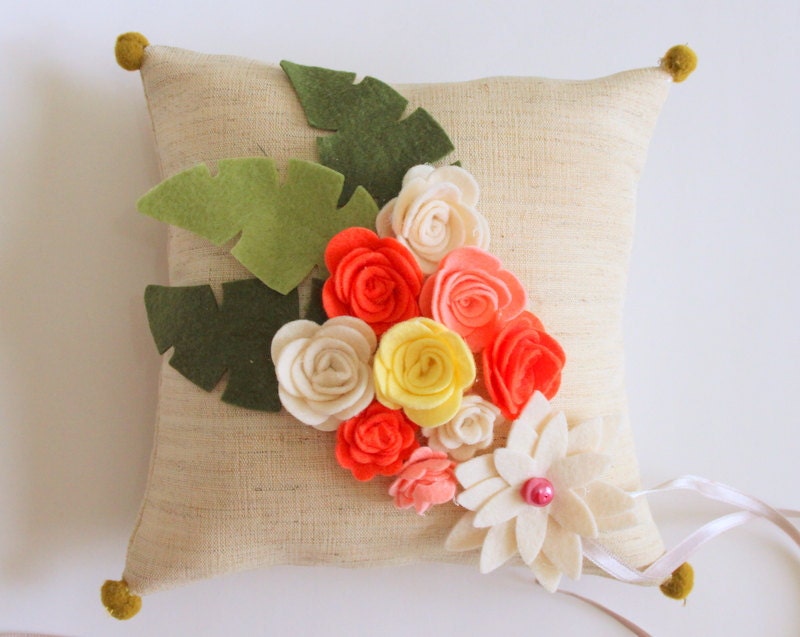 Beige Linen Felt Pastel Flowered Floral Wedding Ring Bearer Pillow