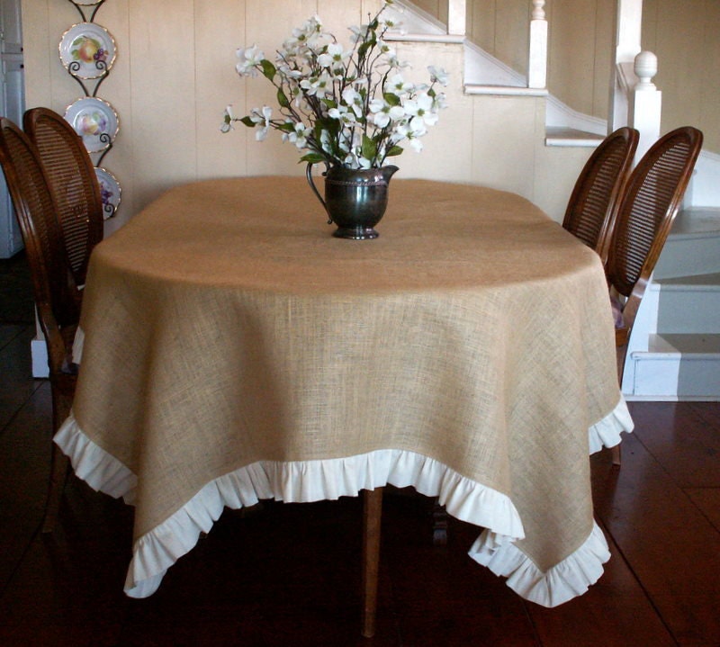 Burlap Table Cloth with Muslin Ruffle From SimplyAsThat