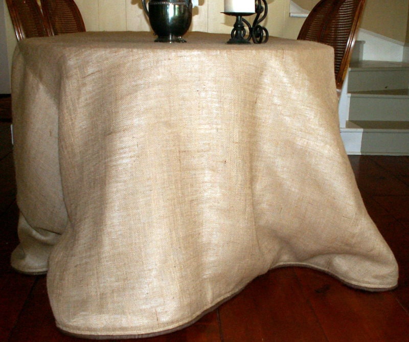 Round Burlap Table Cloth with Brown Burlap Cording From SimplyAsThat