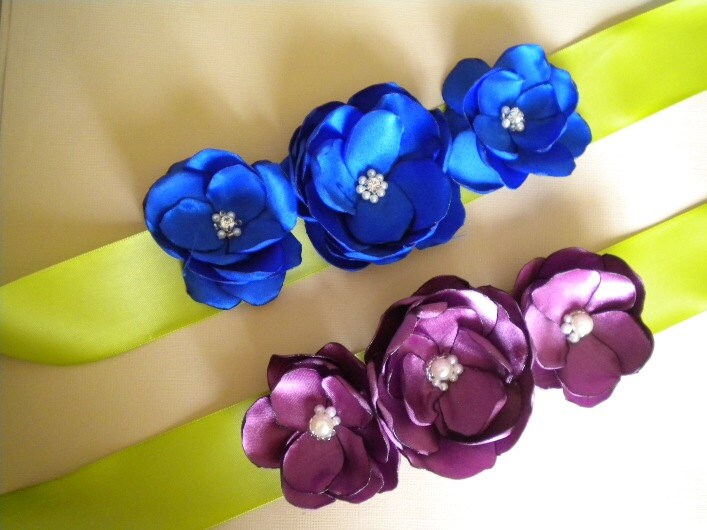 Petite Purple or Royal Blue sash Handmade Wedding Satin Flowers Customize 
