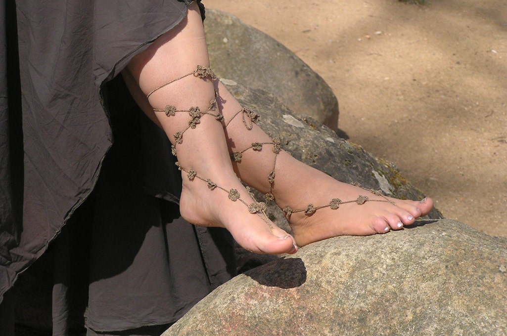 BAREFOOT SANDALS Crochet Brown Nude Shoes Beach Wedding Lace Up Foot 