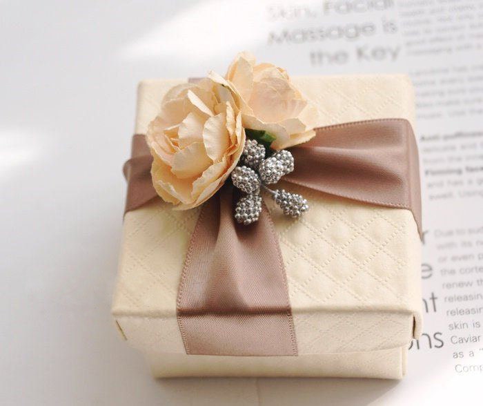 Sample Cream Wedding Favor Box with Peach Flowers Blush Ribbon and Silver