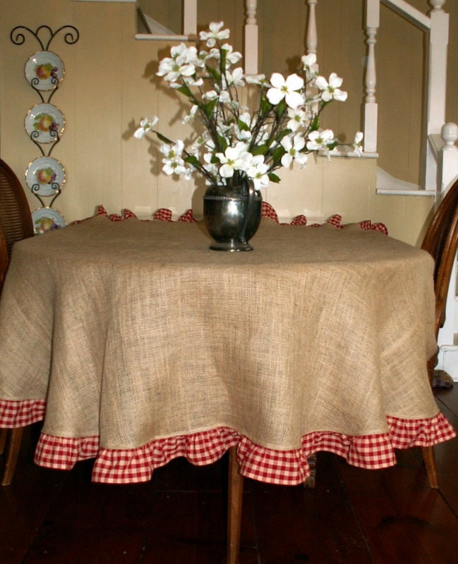 Summer Fun Natural Burlap Table Cloth with Red Checked Ruffle