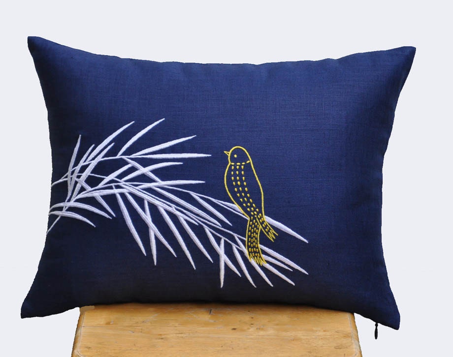 Bird on Bamboo BranchThrow Lumbar Pillow Cover 12 x 16 Linen Decorative 