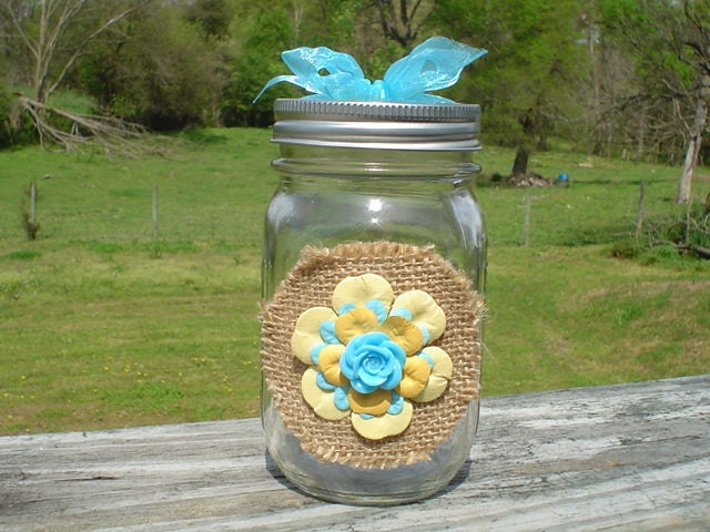 NEW Yellow and Tiffany Blue with Burlap Mason Jar Wedding Favor Great For 
