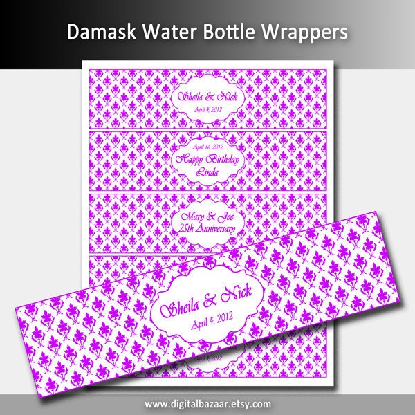 Purple Damask Water Bottle Labels Printable PDF Personalized DIY 