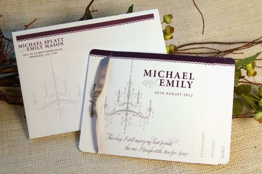 Purple Grey Chandelier Wedding Livret Invitation Get Started Deposit
