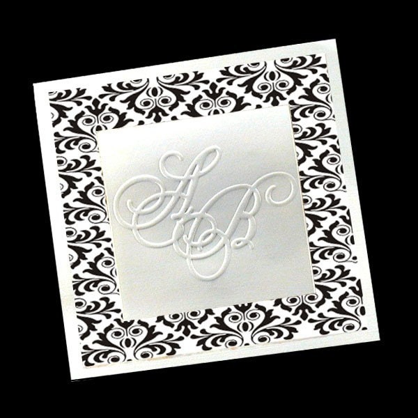 100 Embossed Monogram and Black Damask Wedding Invitations