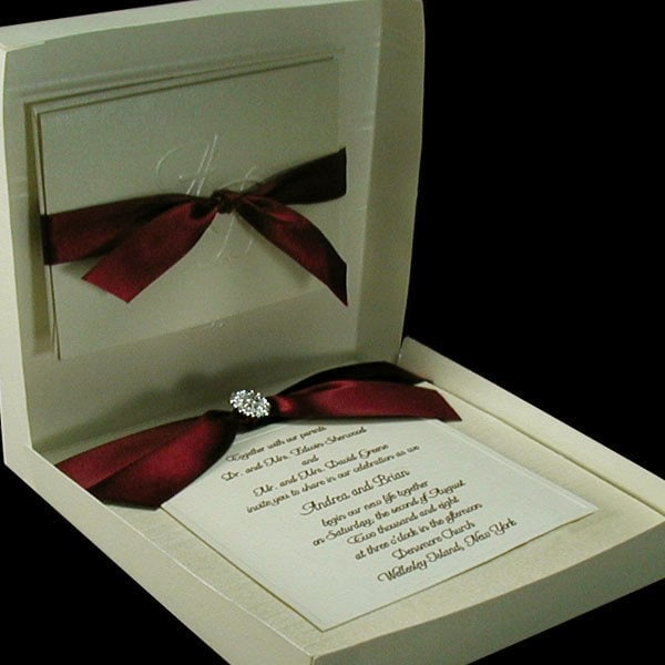 100 Boxed Couture Wedding Invitations Ivory and Bordeaux