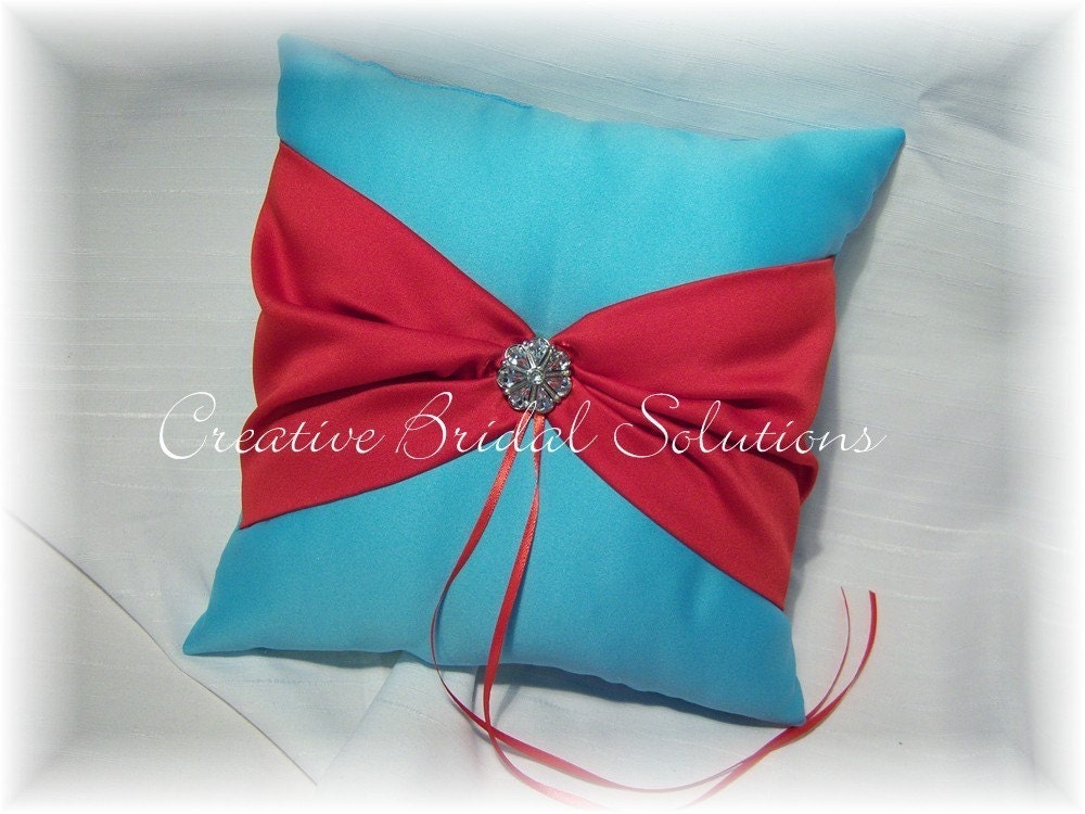 Aqua and Red Wedding Ring Bearer Pillow From CreativeBridal